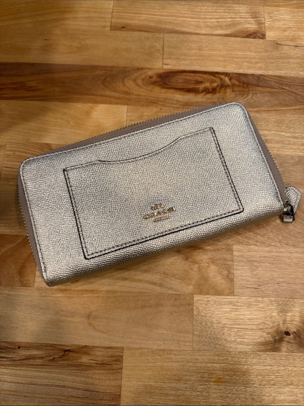 Coach Metallic Silver Zip-Around Leather Wallet with Front Card Slot